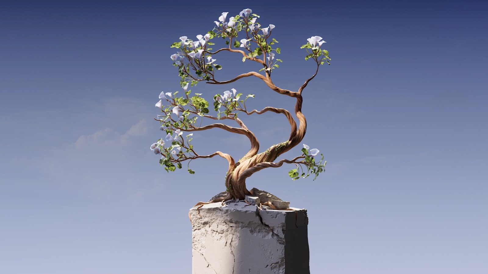 a bonsai tree growing out of a concrete block