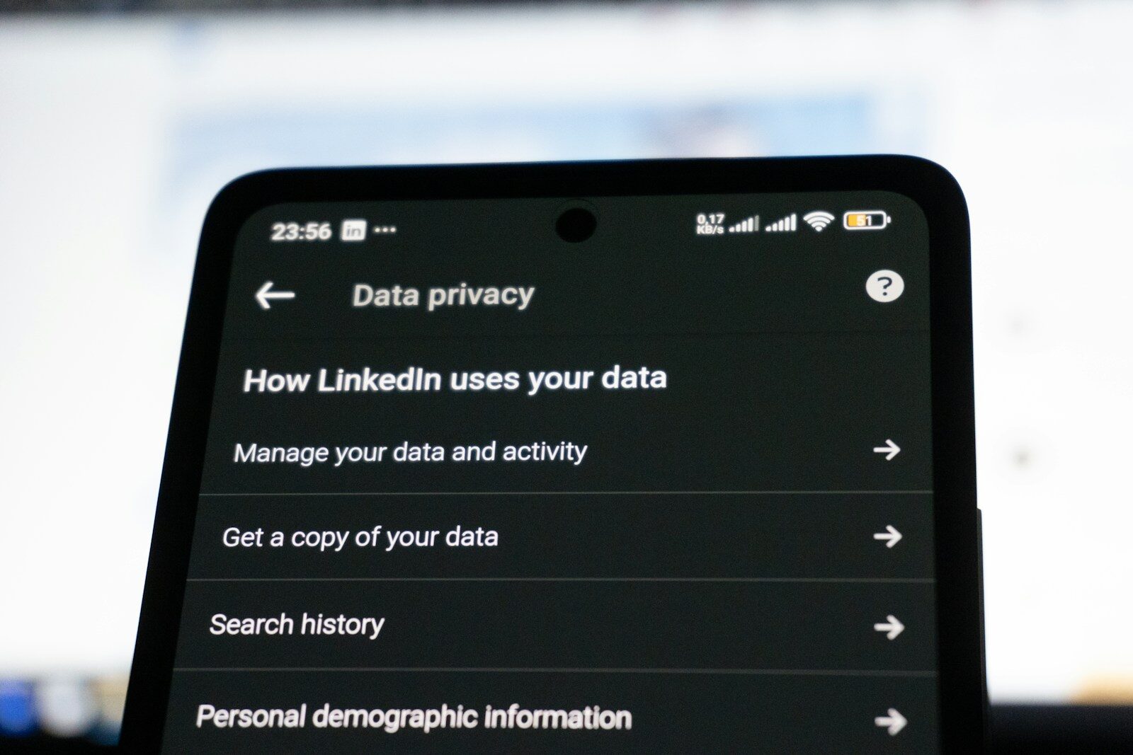 Linkedin data privacy settings on a smartphone screen
